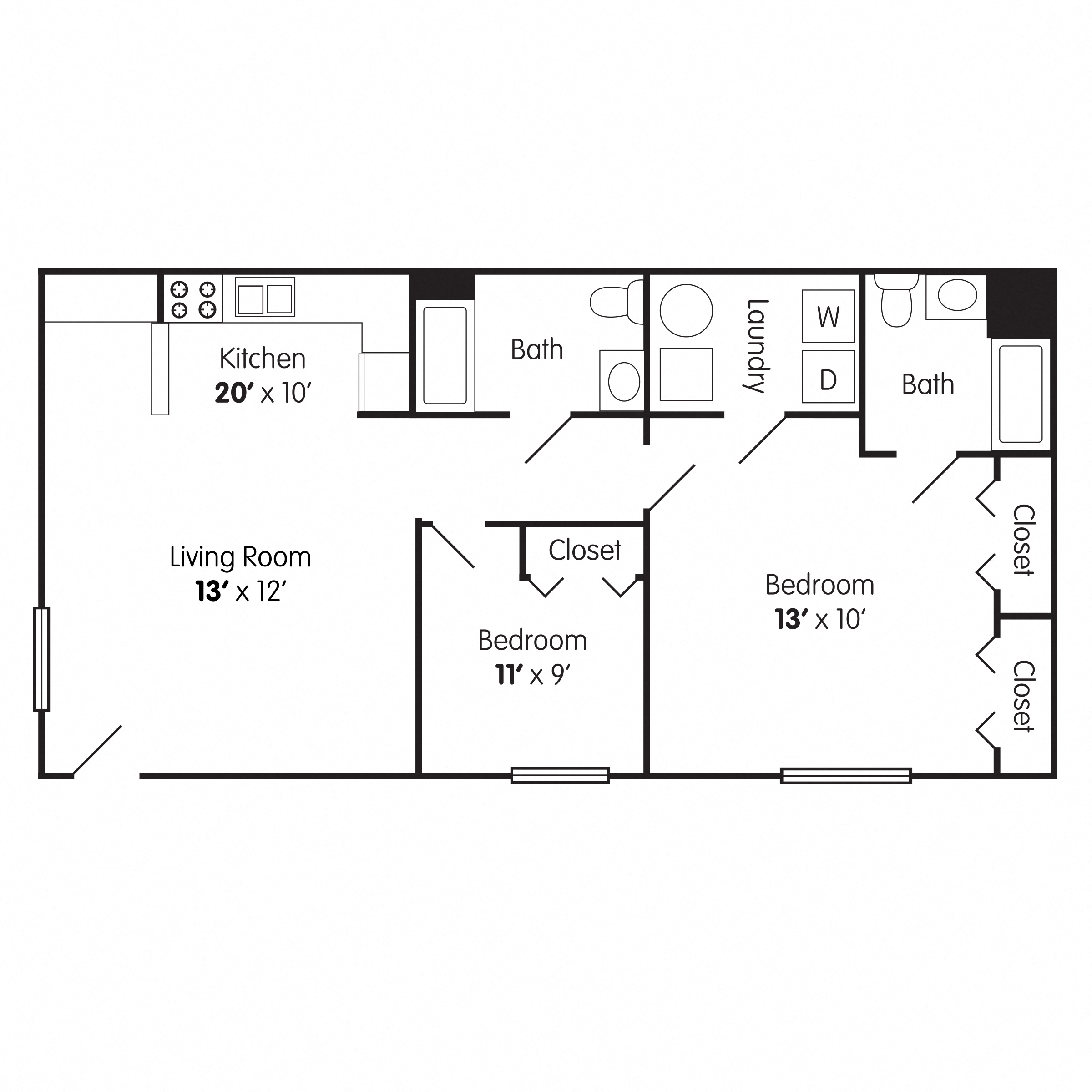 Floor plan for 2 beds, 2 baths, 858 sqft